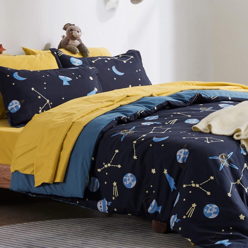 SLEEP ZONE Kids Duvet Cover Set Twin Size 2 Pieces Super Soft Cute Comforter Cover with 1 Pillow Sham Easy Care Zipper Closure Blue Galaxy Twin