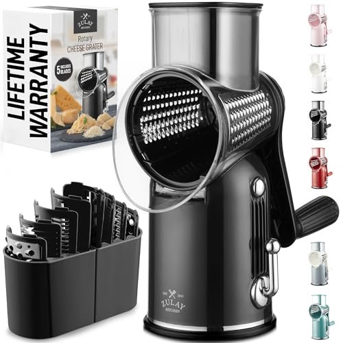 Zulay Kitchen Rotary Cheese Grater 5 Blade Cheese Shredder Manual Hand Crank Cheese Grater With Reinforced Suction 5 Interchangeable Drums Easy to Use Vegetable Chopper Round Mandoline Slicer - Image 1