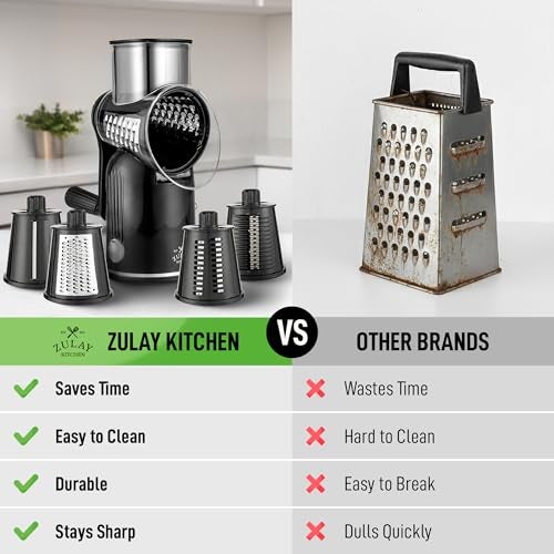 Zulay Kitchen Rotary Cheese Grater 5 Blade Cheese Shredder Manual Hand Crank Cheese Grater With Reinforced Suction 5 Interchangeable Drums Easy to Use Vegetable Chopper Round Mandoline Slicer - Image 3