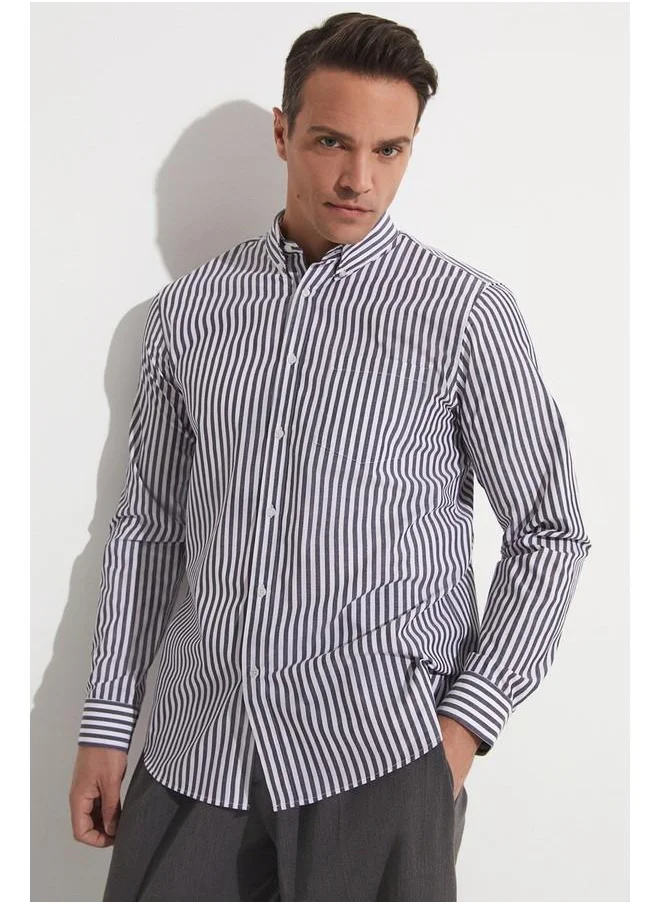 جون June Men Striped Long Sleeve Shirt Anthracite - White