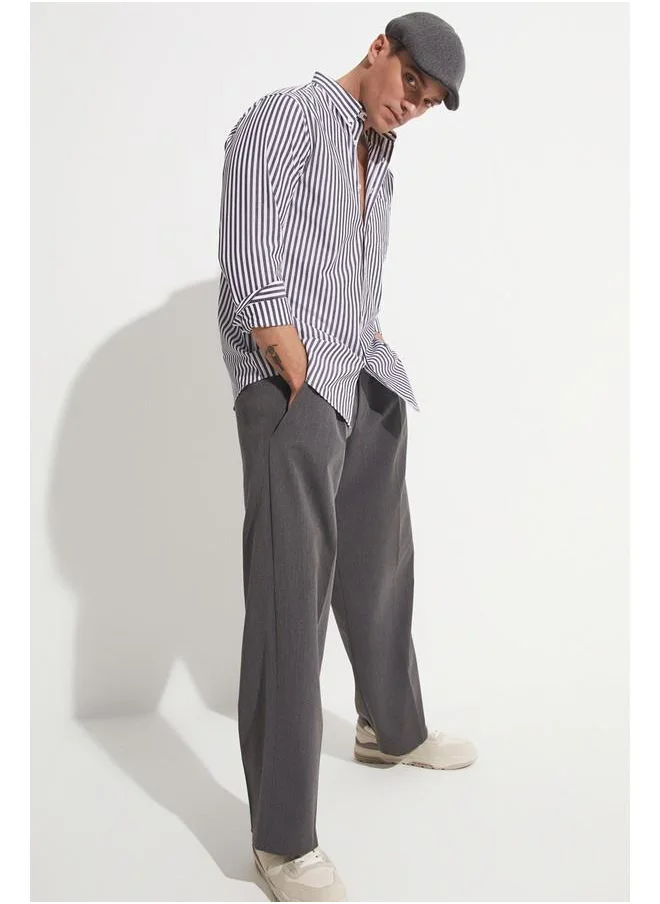جون June Men Striped Long Sleeve Shirt Anthracite - White