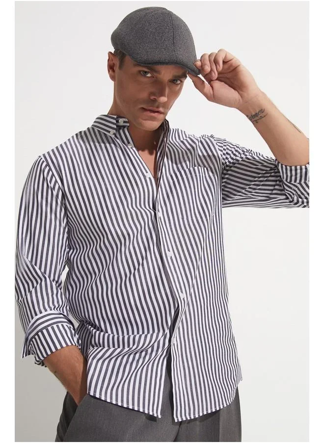 جون June Men Striped Long Sleeve Shirt Anthracite - White