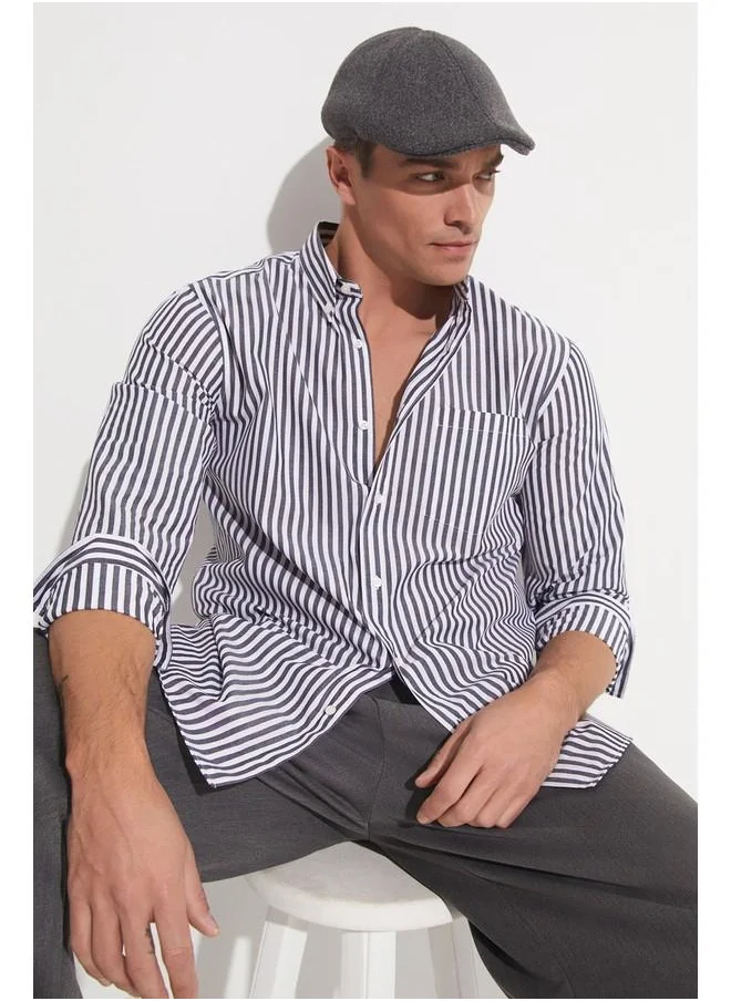 جون June Men Striped Long Sleeve Shirt Anthracite - White