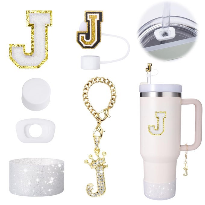 6PCS CUP ACCESSORIES SET FOR STANLEY 30 OZ 40 OZ TUMBLER WITH HANDLE INCLUDING STRAW COVER CUP INITIALS CHARM SILICONE BOOT STOPPER LETTER J