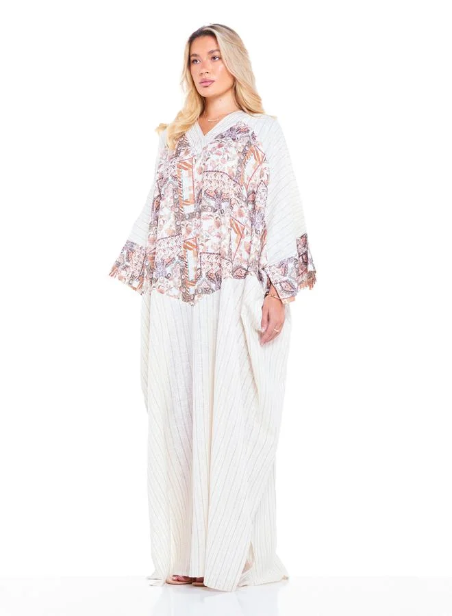 Thouq Beige Patchwork Print A-Line Maxi Kaftan Dress