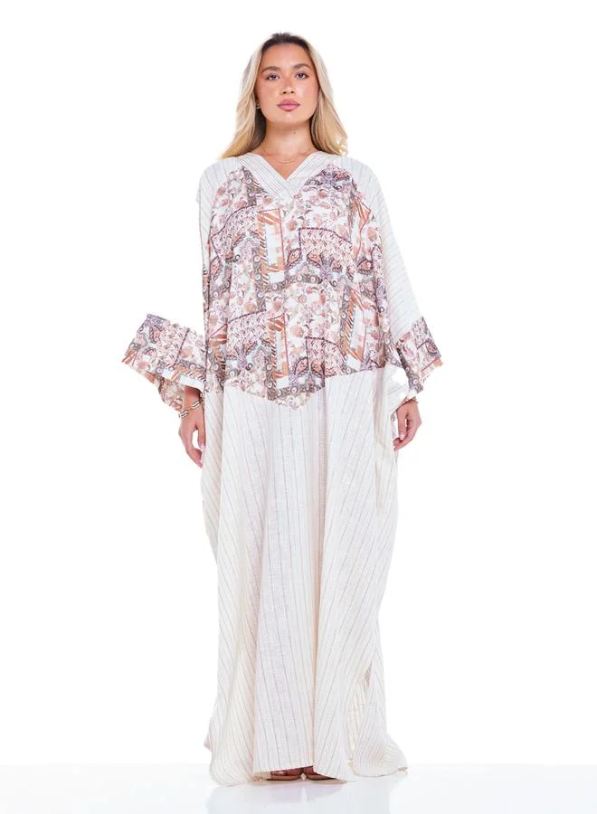 Thouq Beige Patchwork Print A-Line Maxi Kaftan Dress