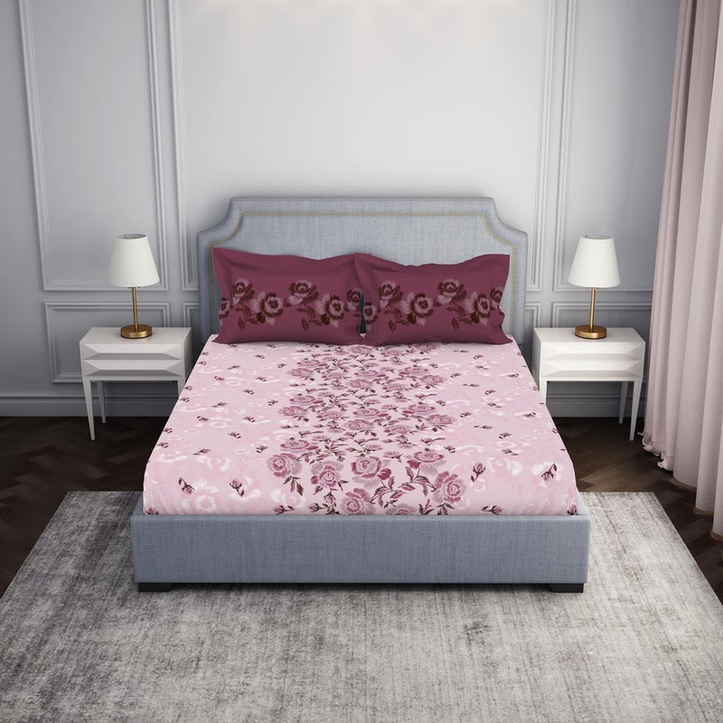 Spaces Atrium 144 TC 100% Cotton Bedsheet for Double Bed with 2 Pillow Cover | Breathable & Super Soft (88" X 100" Inches) - Pink - Image 1