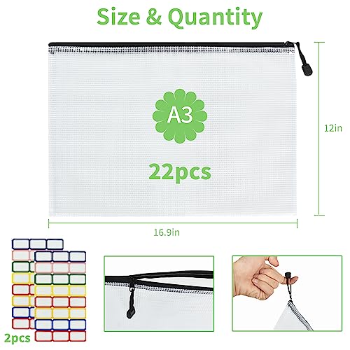 Vuzvuv 22Pcs A3 Size-16.9"x 12" Large Mesh Zipper Pouch with Label Sticker, Plastic Document Mesh Bag for File Board Game School Office Home Travel Storage（43cm30cm） - Image 2