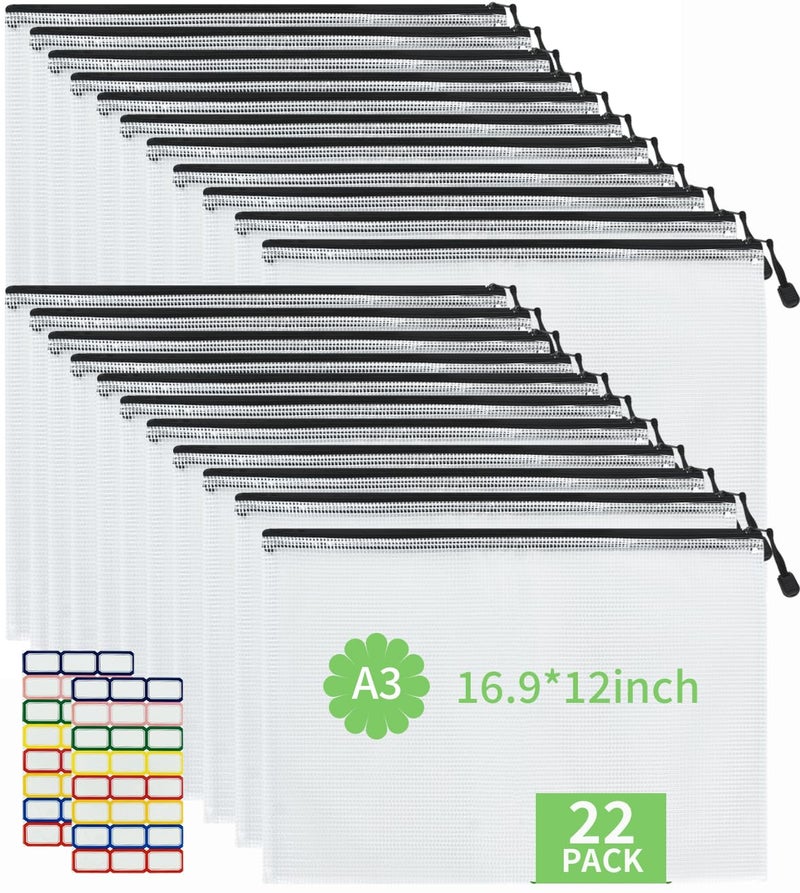 Vuzvuv 22Pcs A3 Size-16.9"x 12" Large Mesh Zipper Pouch with Label Sticker, Plastic Document Mesh Bag for File Board Game School Office Home Travel Storage（43cm30cm） - Image 1
