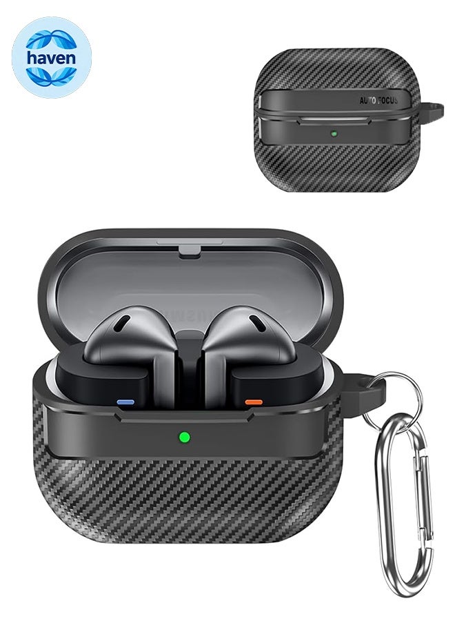 Samsung Galaxy Buds 3 / Buds 3 Pro Case Cover, Soft TPU Carbon Fiber Protective Cover, Shockproof Case with Carabiner - Black