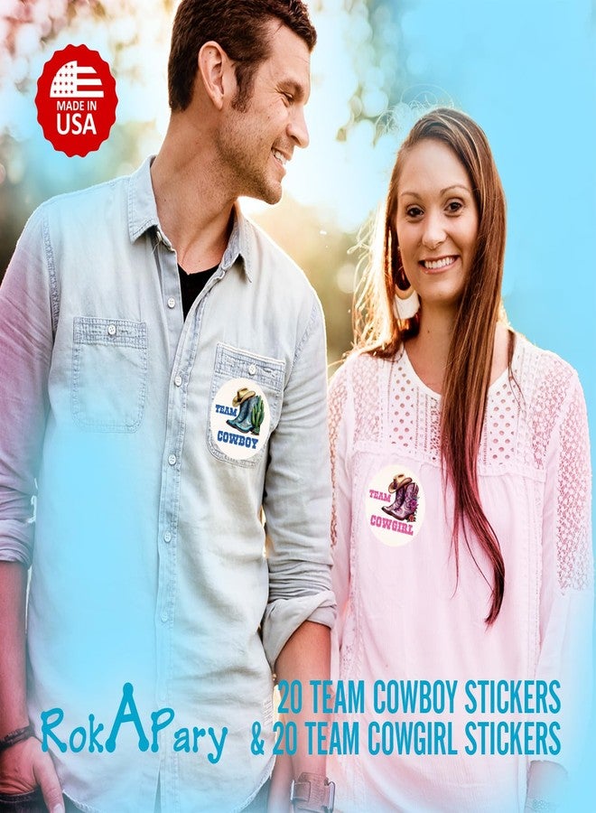 RokAPary 40 Team Cowgirl Team Cowboy Boots Gender Reveal Stickers, 2 Inch Big Round Glossy Labels, Pink and Blue Decals, Western Baby Shower Party Favors, Boy or Girl Tags, Games and Supplies. Made in USA - Image 4