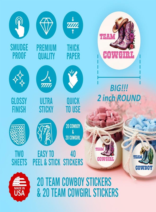 RokAPary 40 Team Cowgirl Team Cowboy Boots Gender Reveal Stickers, 2 Inch Big Round Glossy Labels, Pink and Blue Decals, Western Baby Shower Party Favors, Boy or Girl Tags, Games and Supplies. Made in USA - Image 3