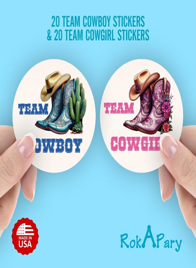 RokAPary 40 Team Cowgirl Team Cowboy Boots Gender Reveal Stickers, 2 Inch Big Round Glossy Labels, Pink and Blue Decals, Western Baby Shower Party Favors, Boy or Girl Tags, Games and Supplies. Made in USA - Image 2