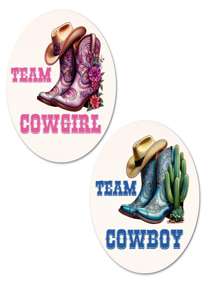 RokAPary 40 Team Cowgirl Team Cowboy Boots Gender Reveal Stickers, 2 Inch Big Round Glossy Labels, Pink and Blue Decals, Western Baby Shower Party Favors, Boy or Girl Tags, Games and Supplies. Made in USA - Image 1