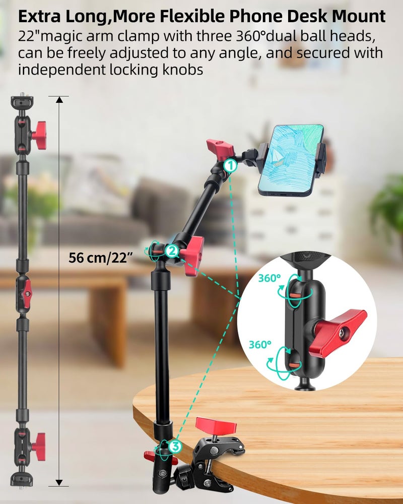 JEBUTU 22" Magic Arm w Clamp Mount, Overhead Desk Phone Mount Stand, Adjustable Articulating Friction Camera Boom Arm w 1/4" Thread for Phone Video Light Webcam Action Camera Tripod Mic - Image 3