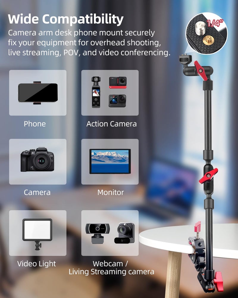 JEBUTU 22" Magic Arm w Clamp Mount, Overhead Desk Phone Mount Stand, Adjustable Articulating Friction Camera Boom Arm w 1/4" Thread for Phone Video Light Webcam Action Camera Tripod Mic - Image 4