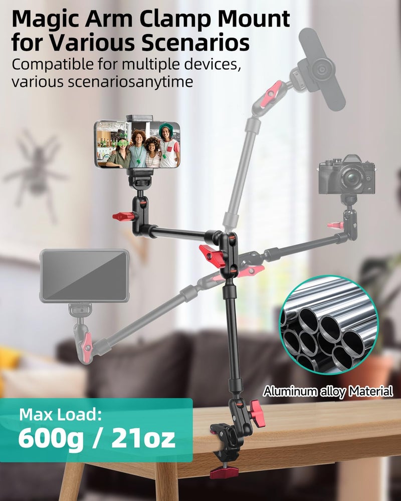 JEBUTU 22" Magic Arm w Clamp Mount, Overhead Desk Phone Mount Stand, Adjustable Articulating Friction Camera Boom Arm w 1/4" Thread for Phone Video Light Webcam Action Camera Tripod Mic - Image 2
