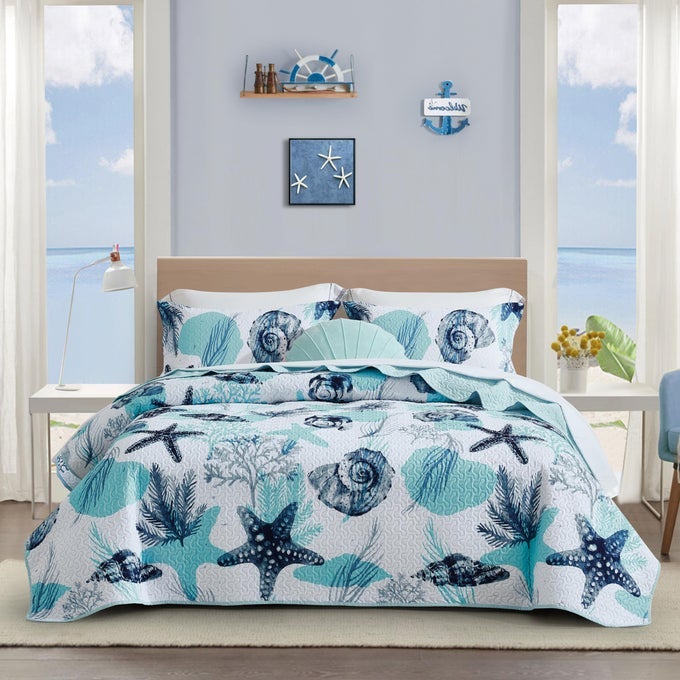 3 PIECE COASTAL QUILT SETS KING SIZE NAUTICAL REVERSIBLE LIGHTWEIGHT BEDSPREAD COVERLET WITH 2 SHAMS BLUE STARFISH CONCH BEACH MICROFIBER BEDDING QUILT SET FOR ALL SEASON 106X96