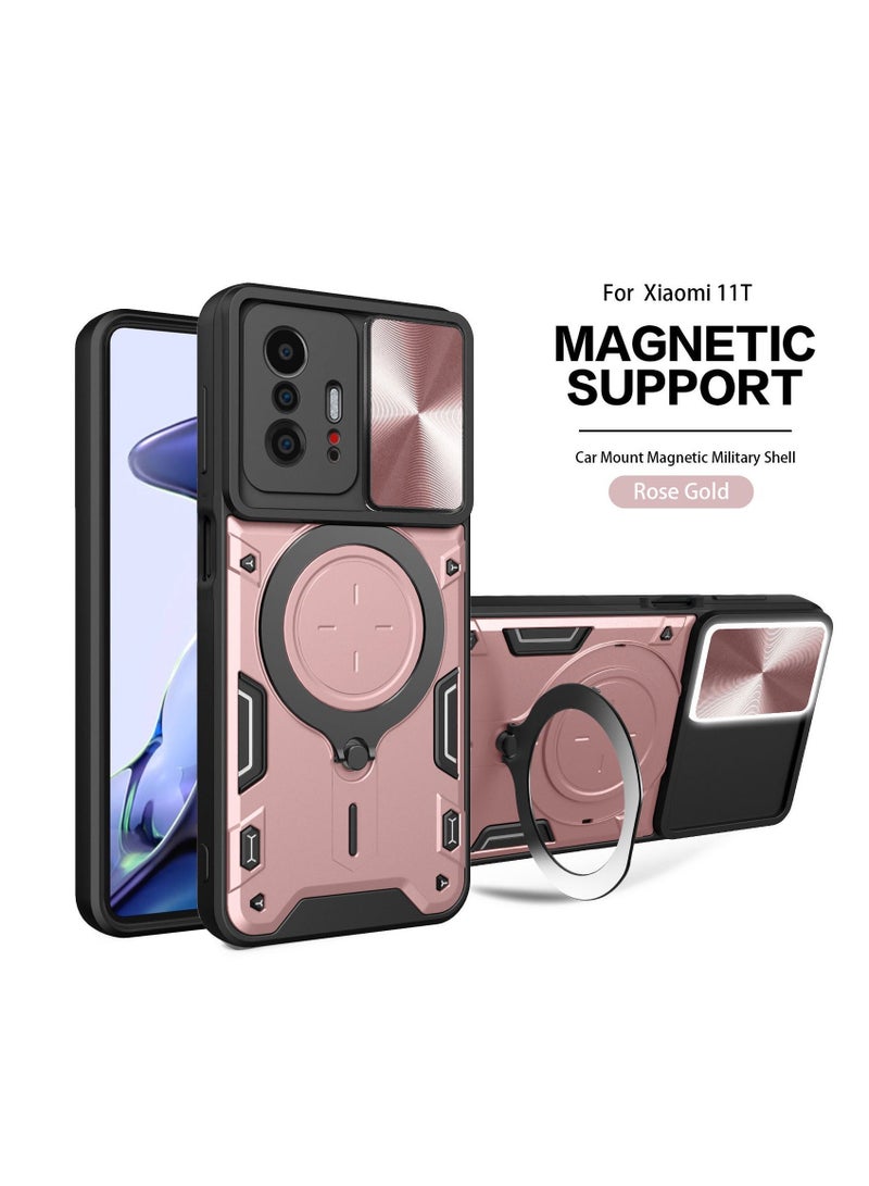 TEAM LUXURY Xiaomi 11T 5G/ 11T PRO 5G pink Mobile Phone Case Cover, Slide Camera Lens Cover, 360°Rotating Kickstand Ring, Bumper Shockproof Phone Case，Compatible with Car Magnetic Mount 