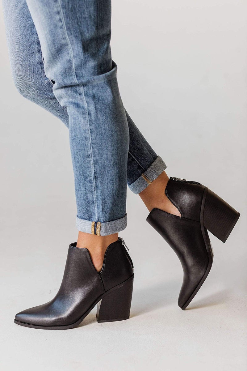 FISACE Womens Pointed Toe Stacked Mid Heel Ankle Boots V Cut Back Zipper Faux Leather Booties - Image 2