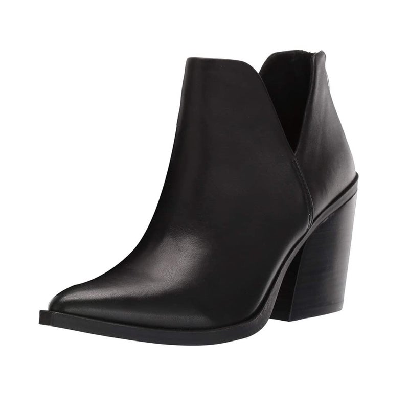 FISACE Womens Pointed Toe Stacked Mid Heel Ankle Boots V Cut Back Zipper Faux Leather Booties - Image 1