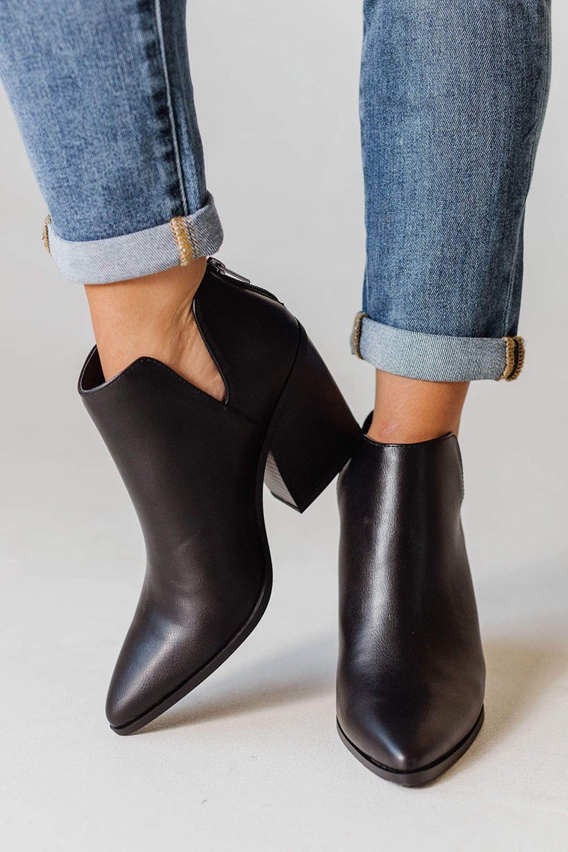 FISACE Womens Pointed Toe Stacked Mid Heel Ankle Boots V Cut Back Zipper Faux Leather Booties - Image 4