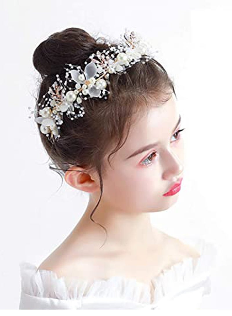 Excefore Headband Wedding Flower Girls, Rhinestone Pearl Crystal Beads Fairy Gold Vine Hair Accessories for Little Girl Princess Halo Tiara - Image 1