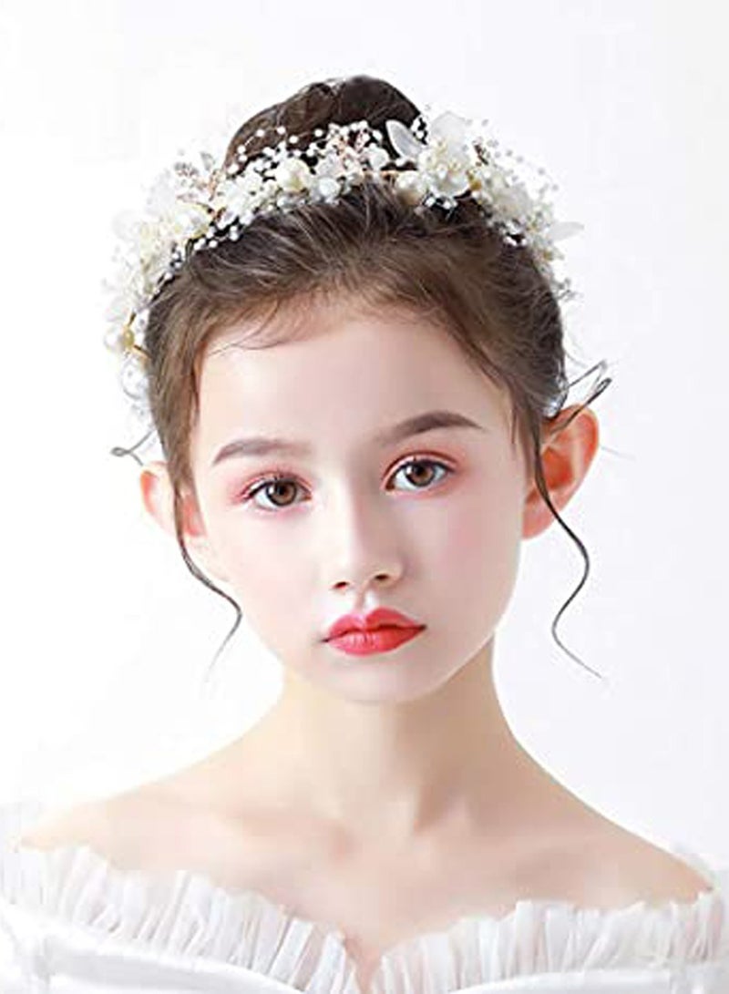 Excefore Headband Wedding Flower Girls, Rhinestone Pearl Crystal Beads Fairy Gold Vine Hair Accessories for Little Girl Princess Halo Tiara - Image 3