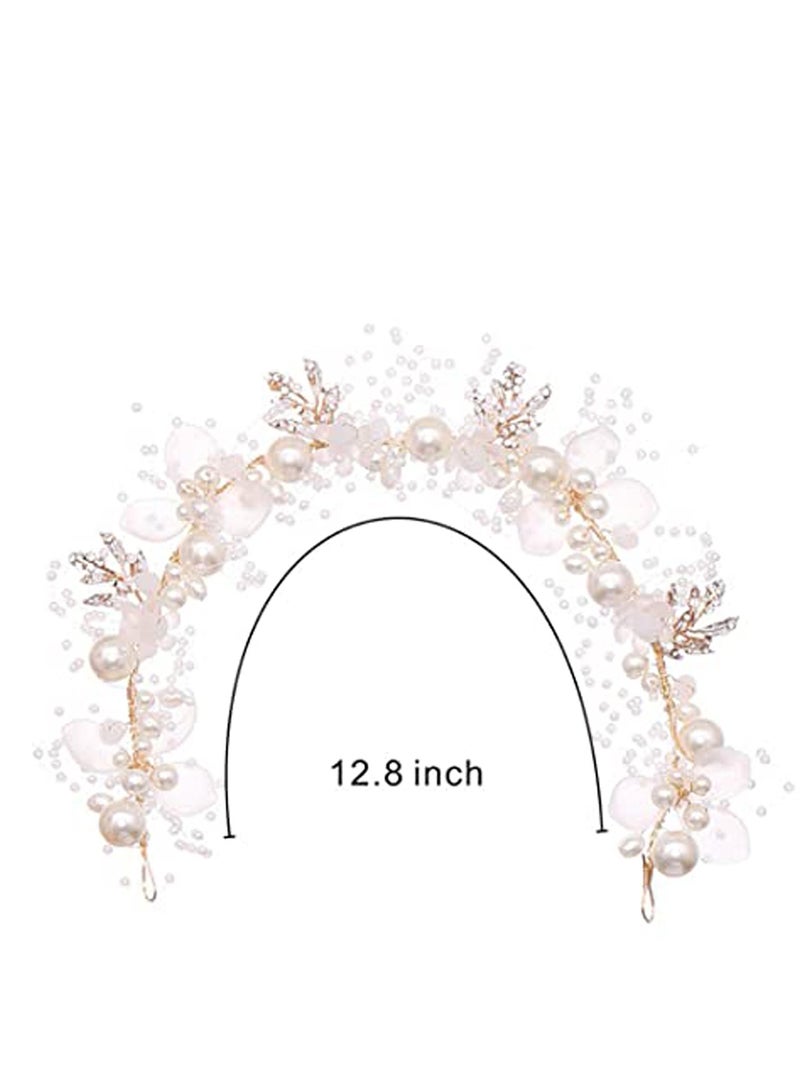 Excefore Headband Wedding Flower Girls, Rhinestone Pearl Crystal Beads Fairy Gold Vine Hair Accessories for Little Girl Princess Halo Tiara - Image 5
