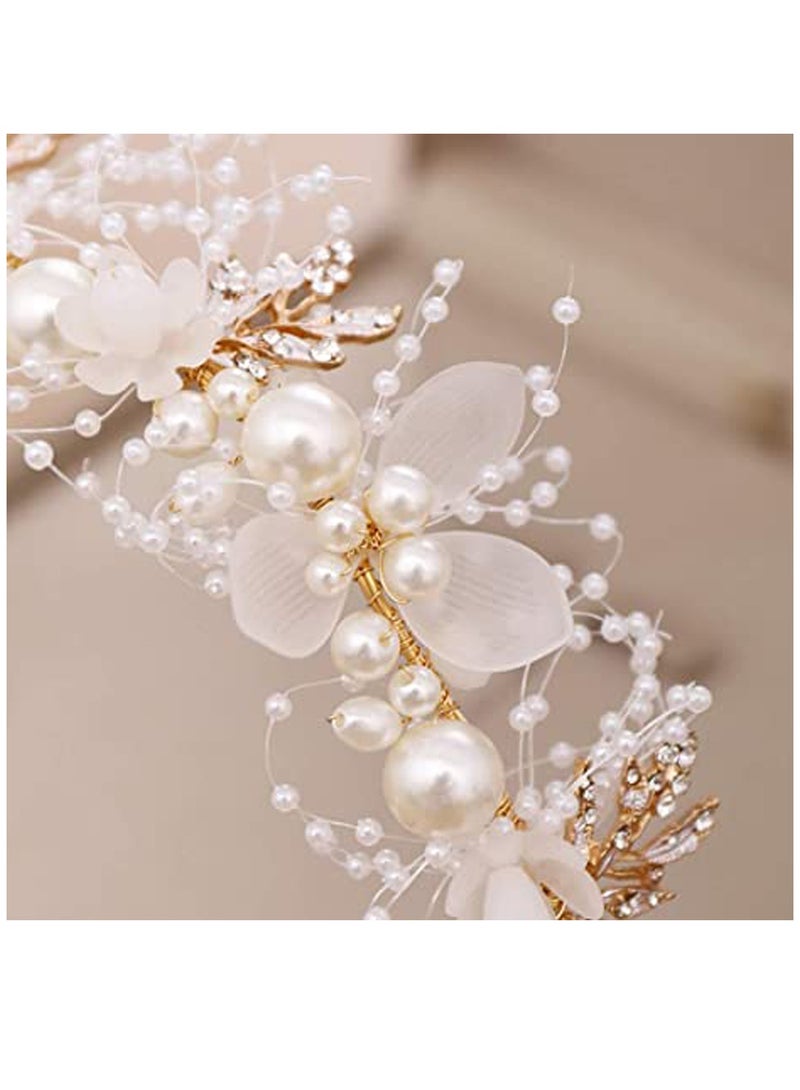 Excefore Headband Wedding Flower Girls, Rhinestone Pearl Crystal Beads Fairy Gold Vine Hair Accessories for Little Girl Princess Halo Tiara - Image 4