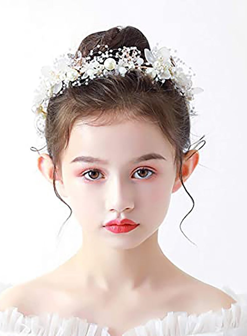 Excefore Headband Wedding Flower Girls, Rhinestone Pearl Crystal Beads Fairy Gold Vine Hair Accessories for Little Girl Princess Halo Tiara - Image 2