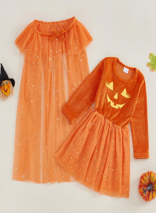 Yccutest Toddler Halloween Velvet Tutu Dress + Tulle Cape Baby Girl 2 Piece Pumpkin Costume Halloweeen Skeleton Dress Set (Orange,3-4 Years) - Image 2