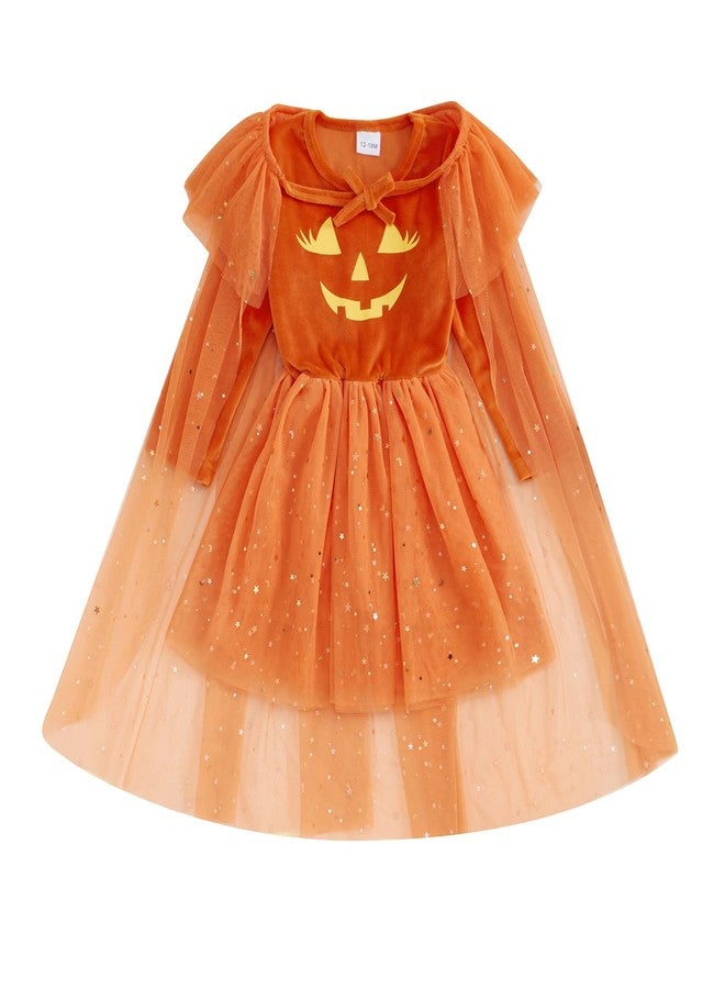 Yccutest Toddler Halloween Velvet Tutu Dress + Tulle Cape Baby Girl 2 Piece Pumpkin Costume Halloweeen Skeleton Dress Set (Orange,3-4 Years) - Image 1