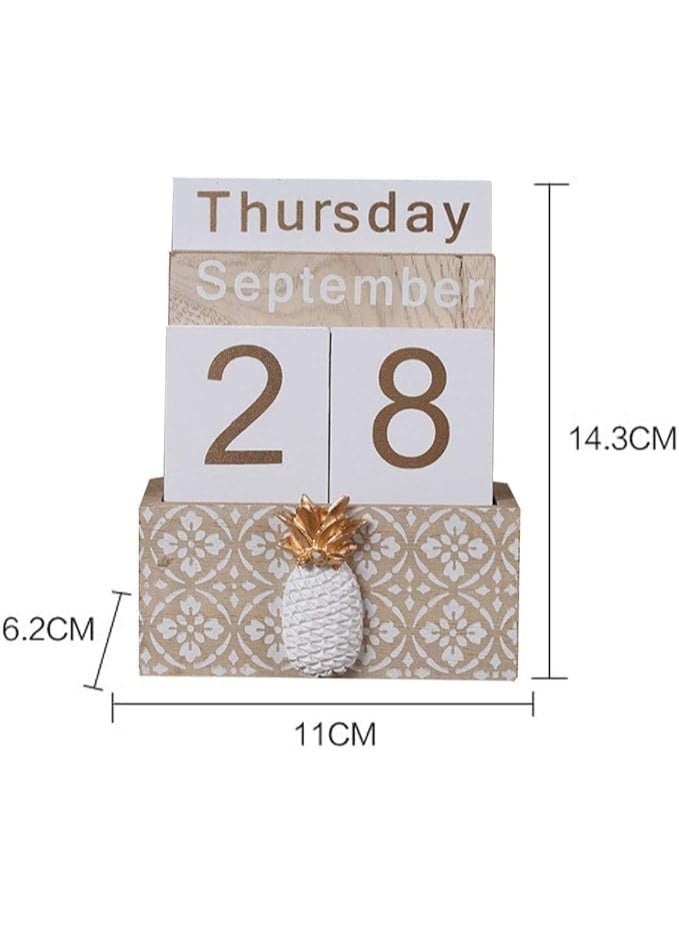 Vintage Wood Block Perpetual Calendar, Desktop Month Week Date Blocks, White and Gold, 12 x 15 cm - Image 4