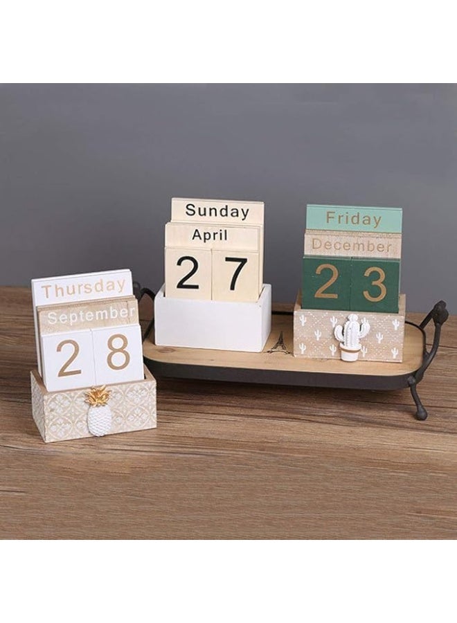 Vintage Wood Block Perpetual Calendar, Desktop Month Week Date Blocks, White and Gold, 12 x 15 cm - Image 3