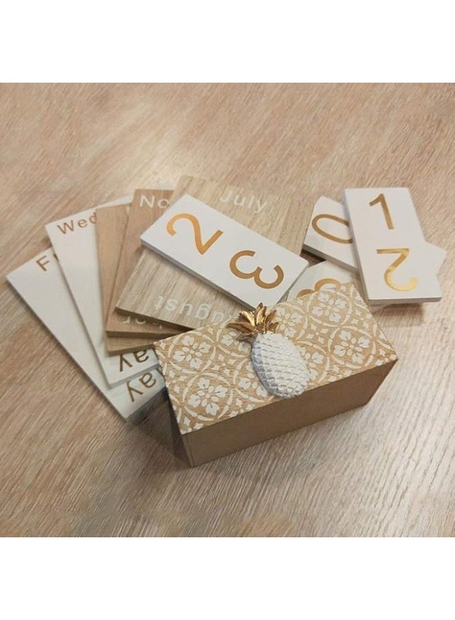 Vintage Wood Block Perpetual Calendar, Desktop Month Week Date Blocks, White and Gold, 12 x 15 cm - Image 2