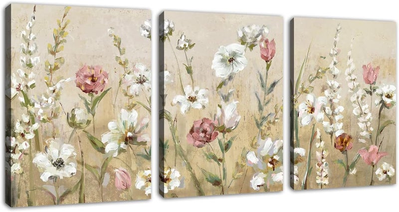 tigeridge Flowers Wall Art Pink White Canvas Art Modern Floral Canvas Picture Contemporary Canvas Artwork for Bedroom Living Room Bathroom Kitchen Home Office Wall Decor Framed Ready to Hang 36"W x 16"H - Image 1