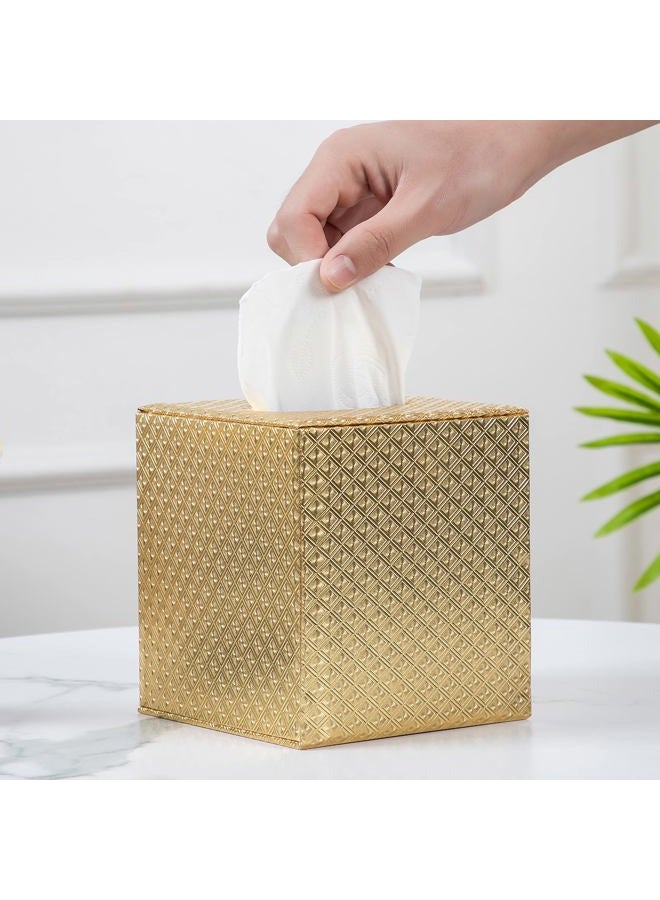 SUNYUROU Gold Tissue Box Cover, Square, Decorative, Wood & PU, Gold - Image 1