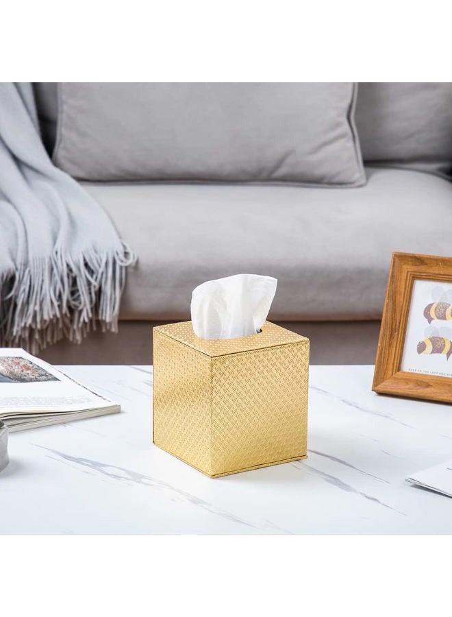 SUNYUROU Gold Tissue Box Cover, Square, Decorative, Wood & PU, Gold - Image 3