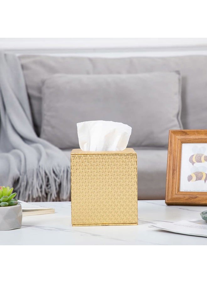 SUNYUROU Gold Tissue Box Cover, Square, Decorative, Wood & PU, Gold - Image 2