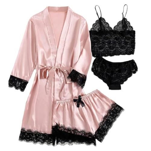 PALAY®Women Lingerie Underwear Suit Set of 4Pcs Silk Lace Women Longsleeve Robe Black Lace Bra Thong Set, M - Image 1