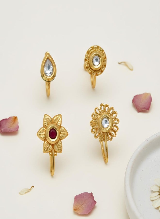 JWELLA Set of 4 Gold-Plated Kundan Nose Pin for Women and Girls, White Kundan Stone-Studded Delicate Floral Minimal, Teardrop Crystal Design Nosepin, Lightweight Traditional Jewellery - Image 2