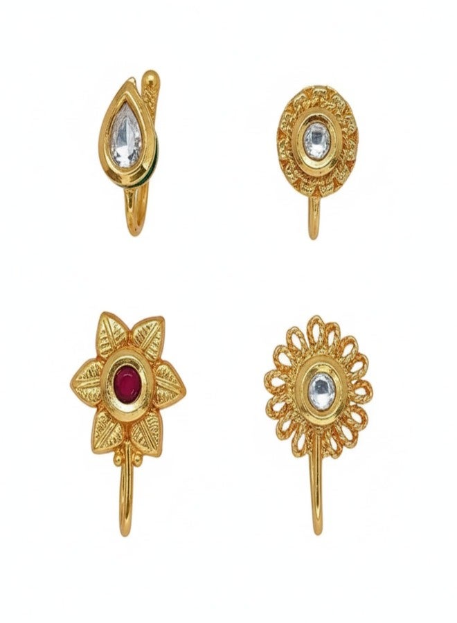 JWELLA Set of 4 Gold-Plated Kundan Nose Pin for Women and Girls, White Kundan Stone-Studded Delicate Floral Minimal, Teardrop Crystal Design Nosepin, Lightweight Traditional Jewellery - Image 1