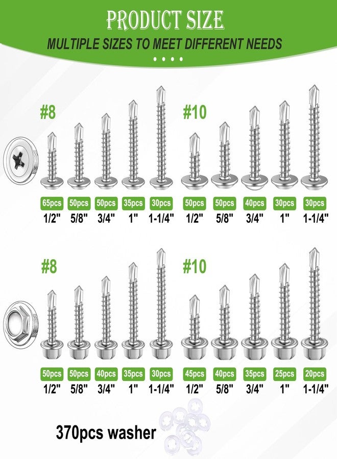 mxuteuk 1170PCS #8#10 Self Tapping Screws for Metal,410 Stainless Steel Self Drilling Screws,Truss Head & Hex Head 1/2" to1-1/4'' Self Tapping Screw for Plastic(800pcs Screw+370pcs Washer) - Image 2