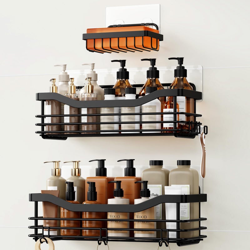 Orimade Shower Caddy Basket Soap Dish Holder Shelf with 5 Hooks Bathroom Organizer Shelf Kitchen Storage Rack Wall Mounted Adhesive No Drilling SUS304 Stainless Steel  3 PackBlack