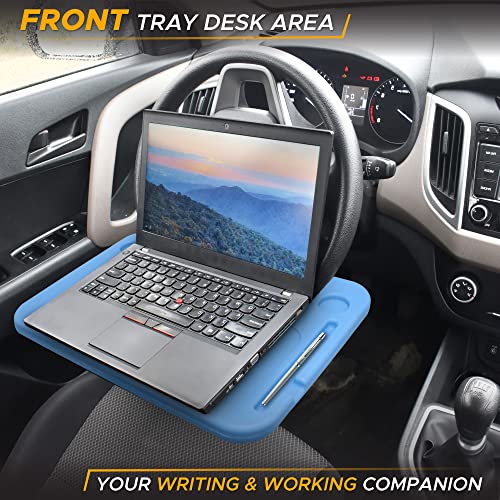 EcoNour 2 in 1 Car Steering Wheel Desk | Steering Wheel Tray for Laptop Car Mount with Pen Holder | Car Food Tray for Eating with Drinks Holder | Multipurpose Travel Car Accessories | Blue - Image 2