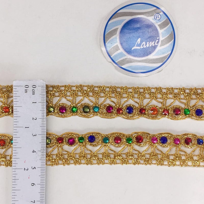 Lami لامي 9 متر متعدد الألوان حجر دائري مع حافة يد ذهبية، تصميم ساري فولز، دانتيل مقصوص، ليهينغا عروس، ساري دوباتا بدلة أناركالي حافة، شريط زينة دانتيل، شريط فن وحرف - Image 4