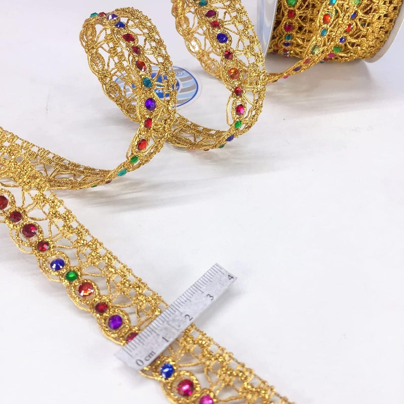 Lami لامي 9 متر متعدد الألوان حجر دائري مع حافة يد ذهبية، تصميم ساري فولز، دانتيل مقصوص، ليهينغا عروس، ساري دوباتا بدلة أناركالي حافة، شريط زينة دانتيل، شريط فن وحرف - Image 2