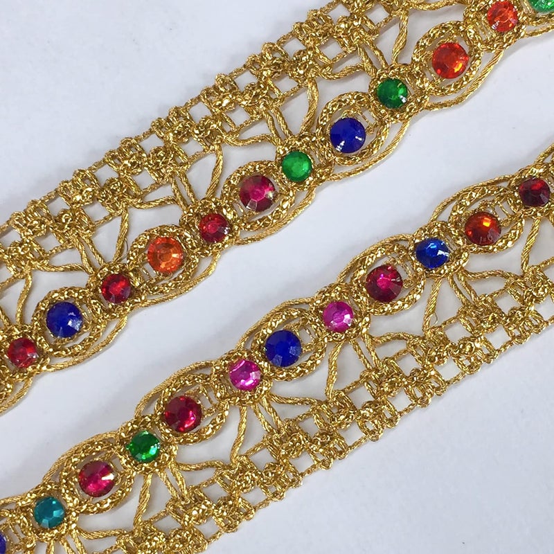 Lami لامي 9 متر متعدد الألوان حجر دائري مع حافة يد ذهبية، تصميم ساري فولز، دانتيل مقصوص، ليهينغا عروس، ساري دوباتا بدلة أناركالي حافة، شريط زينة دانتيل، شريط فن وحرف - Image 3