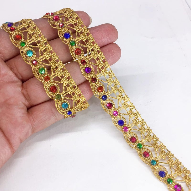 Lami لامي 9 متر متعدد الألوان حجر دائري مع حافة يد ذهبية، تصميم ساري فولز، دانتيل مقصوص، ليهينغا عروس، ساري دوباتا بدلة أناركالي حافة، شريط زينة دانتيل، شريط فن وحرف - Image 5